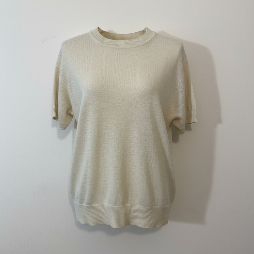 Quiet Luxury Coastal Linen Blend Knit Tee Cream Minimalist Capsule Top M